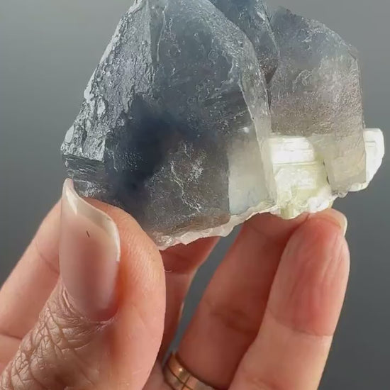 Indicolite Blue Quartz with White Cleavelandite Albite on Smoky Quartz