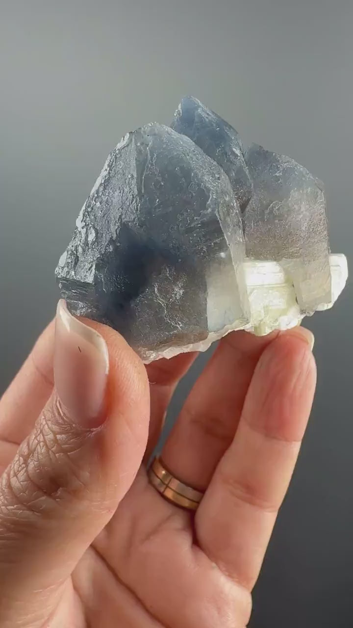 Indicolite Blue Quartz with White Cleavelandite Albite on Smoky Quartz
