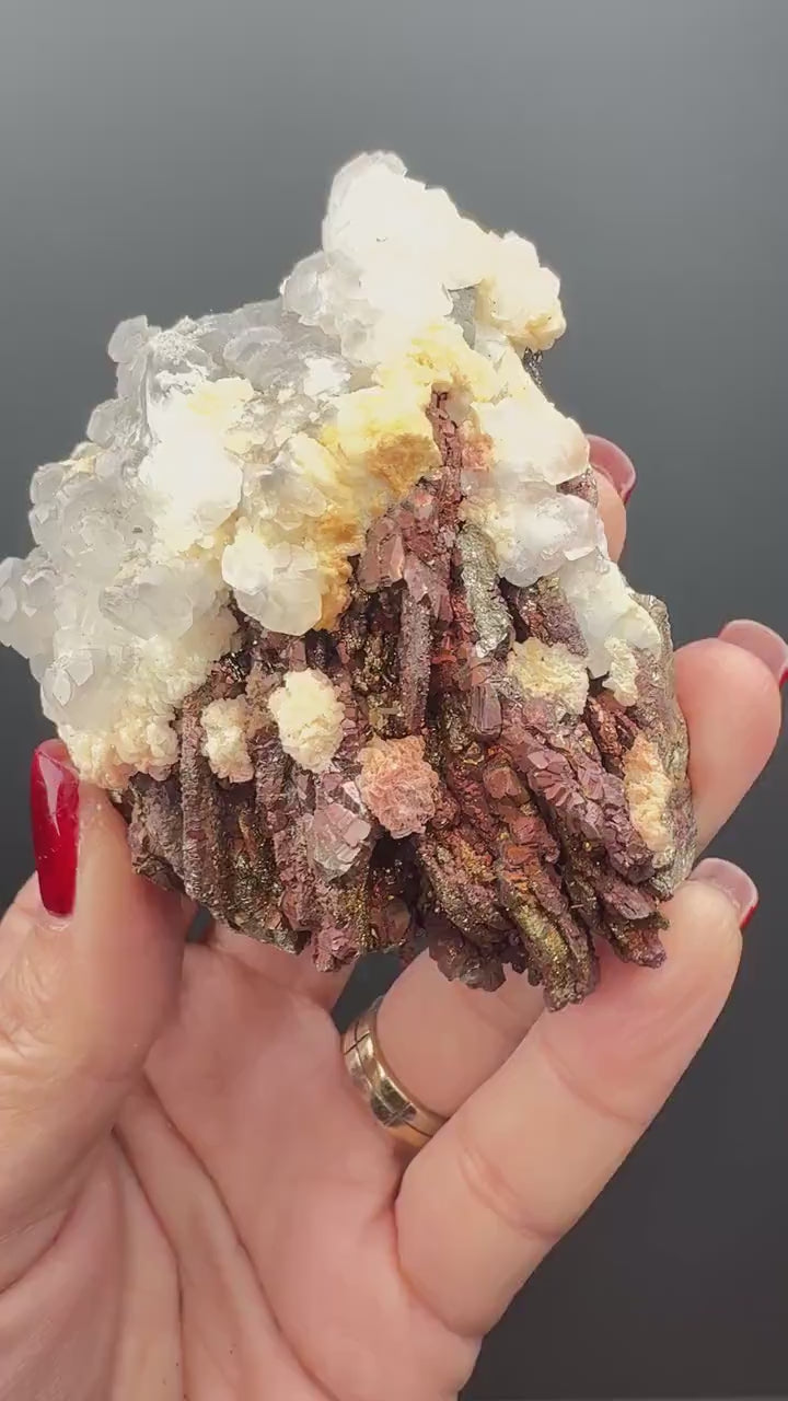Incredible Combo! Red Pyrite, Pyrrhotite and Calcite from Kosovo